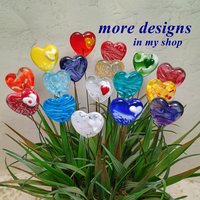Custom Made Glass Heart Plant Pick for small floral bouquet, 3/4"x5in wire; handcraft lampwork, jewelry, gift, curio, windowsill, small vase