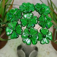Glass 4 leaf Clover Shamrock, Luck of the Irish, kelly green handblown lampwork plant pick on 5in wire. bouquet, Irish gift, approx 3/4inch