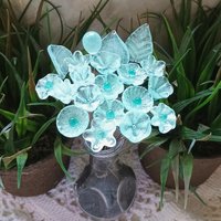 New! SOFT AQUA GLOW uv reactive glass flowers; miniature tiny small glass flowers on wire; handcrafted lampwork; bright aqua glow in 395nm