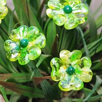 Uranium Glass 4 leaf Clover Shamrock, Luck of the Irish, mixed green handmade lampwork plant pick on 5in wire. Bouquet, Irish gift, 395nm