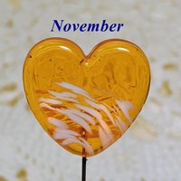 Birthstone Glass Heart Plant Pick for small floral bouquet, 3/4"x5in wire; handcrafted lampwork, gift, curio, windowsill, small vase