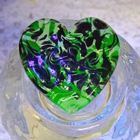 Uranium Vaseline Glass Heart Black Swirl;  Large Heart 1.25" (30mm)  glass with black swirls; plant pick gift pocket heart, curio, wirewrap