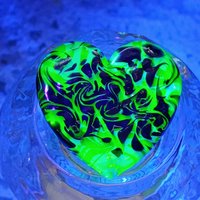 Uranium Vaseline Glass Heart Black Swirl;  Large Heart 1.25" (30mm)  glass with black swirls; plant pick gift pocket heart, curio, wirewrap