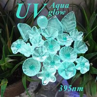 New! SOFT AQUA GLOW uv reactive glass flowers; miniature tiny small glass flowers on wire; handcrafted lampwork; bright aqua glow in 395nm