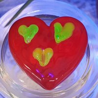 Red Glass + Uranium Vaseline Hearts; Hidden small uranium hearts with bubbles appear in UV light,  LG Heart 1.25" (30mm) Valentine's Love