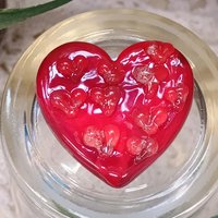 Red Glass + Uranium Vaseline Hearts; Hidden small uranium hearts with bubbles appear in UV light,  LG Heart 1.25" (30mm) Valentine's Love