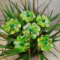 Uranium Glass 4 leaf Clover Shamrock, Luck of the Irish, mixed green handmade lampwork plant pick on 5in wire. Bouquet, Irish gift, 395nm