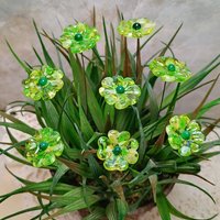 Uranium Glass 4 leaf Clover Shamrock, Luck of the Irish, mixed green handmade lampwork plant pick on 5in wire. Bouquet, Irish gift, 395nm