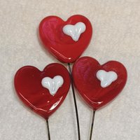 Red Glass Heart plant pick on 5 inch stainless steel wire, glass heart on wire for floral bouquet, cake, decor, jewelry, handmade lampwork