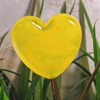 Glass Heart Plant Pick, Yellow Sunshine Summer 5in wire. Use for floral bouquet, wedding, cake decor, plants, jewelry, gifts; handmade 3/4in