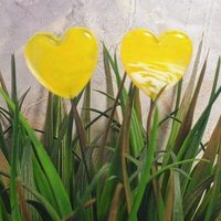 Glass Heart Plant Pick, Yellow Sunshine Summer 5in wire. Use for floral bouquet, wedding, cake decor, plants, jewelry, gifts; handmade 3/4in
