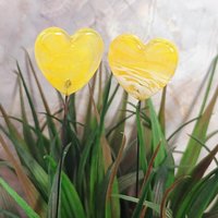 Glass Heart Plant Pick, Yellow Sunshine Summer 5in wire. Use for floral bouquet, wedding, cake decor, plants, jewelry, gifts; handmade 3/4in