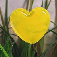 Glass Heart Plant Pick, Yellow Sunshine Summer 5in wire. Use for floral bouquet, wedding, cake decor, plants, jewelry, gifts; handmade 3/4in