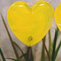 Glass Heart Plant Pick, Yellow Sunshine Summer 5in wire. Use for floral bouquet, wedding, cake decor, plants, jewelry, gifts; handmade 3/4in