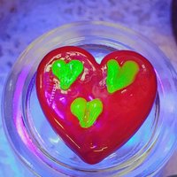 Red Glass + Uranium Vaseline Hearts; Hidden small uranium hearts with bubbles appear in UV light,  LG Heart 1.25" (30mm) Valentine's Love