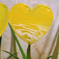 Glass Heart Plant Pick, Yellow Sunshine Summer 5in wire. Use for floral bouquet, wedding, cake decor, plants, jewelry, gifts; handmade 3/4in