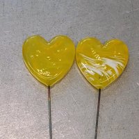 Glass Heart Plant Pick, Yellow Sunshine Summer 5in wire. Use for floral bouquet, wedding, cake decor, plants, jewelry, gifts; handmade 3/4in