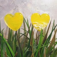 Glass Heart Plant Pick, Yellow Sunshine Summer 5in wire. Use for floral bouquet, wedding, cake decor, plants, jewelry, gifts; handmade 3/4in