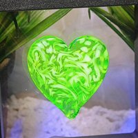 My Heart Glows! Uranium Large Heart 1.25" (30mm) vasoline glass with white victorian-lace swirls; wirewrapping, jewelry, pocket heart, gift,