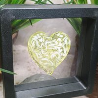 My Heart Glows! Uranium Large Heart 1.25" (30mm) vasoline glass with white victorian-lace swirls; wirewrapping, jewelry, pocket heart, gift,