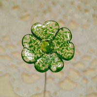Uranium Glass 4 leaf Clover Shamrock, Luck of the Irish, green sprinkle frit; lampwork plant pick on 5in wire. Bouquet, Irish gift, 395nm