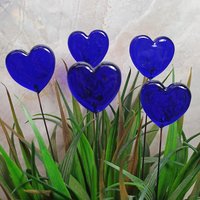 Cobalt Blue Glass Heart Plant Pick: heart on 5in wire. Use for floral bouquet, cake, plants, jewelry, gifts; each unique Measures 3/4in