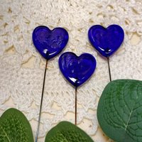 Cobalt Blue Glass Heart Plant Pick: heart on 5in wire. Use for floral bouquet, cake, plants, jewelry, gifts; each unique Measures 3/4in