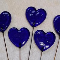 Cobalt Blue Glass Heart Plant Pick: heart on 5in wire. Use for floral bouquet, cake, plants, jewelry, gifts; each unique Measures 3/4in