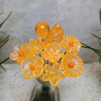 Tangerine glass flowers on wire headpins; juicy mix of clear and orange. Handcraft lampwork: jewelry, gifts, wedding, bouquets, mixed media