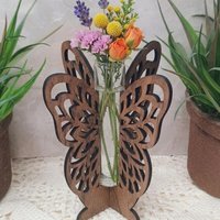 Wooden Butterfly Wings Test Tube Flower Holder, propagation stand, small flower vase, glass water tube, gift for garden and plant lover