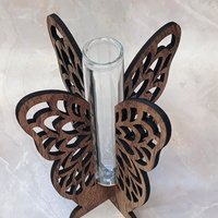 Wooden Butterfly Wings Test Tube Flower Holder, propagation stand, small flower vase, glass water tube, gift for garden and plant lover