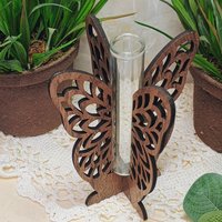 Wooden Butterfly Wings Test Tube Flower Holder, propagation stand, small flower vase, glass water tube, gift for garden and plant lover