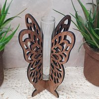 Wooden Butterfly Wings Test Tube Flower Holder, propagation stand, small flower vase, glass water tube, gift for garden and plant lover