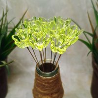 NEW! 16mm Uranium glass Flower, Medium (5/8") starflower on 5in wire. Use in floral bouquet, plant pick, jewelry, gifts; bright glow 395nm