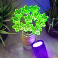 NEW! 16mm Uranium glass Flower, Medium (5/8") starflower on 5in wire. Use in floral bouquet, plant pick, jewelry, gifts; bright glow 395nm