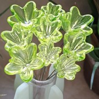 NEW!  Variety Set of 12+16+20mm Uranium Glass Flowers,  on 5in wire. Use in floral bouquet, plant pick, jewelry, gifts; bright glow 395nm
