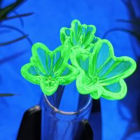 NEW!  Variety Set of 12+16+20mm Uranium Glass Flowers,  on 5in wire. Use in floral bouquet, plant pick, jewelry, gifts; bright glow 395nm
