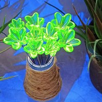 NEW!  Variety Set of 12+16+20mm Uranium Glass Flowers,  on 5in wire. Use in floral bouquet, plant pick, jewelry, gifts; bright glow 395nm