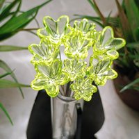 NEW!  Variety Set of 12+16+20mm Uranium Glass Flowers,  on 5in wire. Use in floral bouquet, plant pick, jewelry, gifts; bright glow 395nm