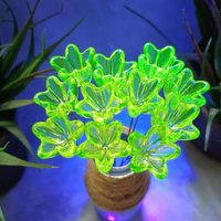 NEW! 16mm Uranium glass Flower, Medium (5/8") starflower on 5in wire. Use in floral bouquet, plant pick, jewelry, gifts; bright glow 395nm