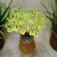 NEW! 16mm Uranium glass Flower, Medium (5/8") starflower on 5in wire. Use in floral bouquet, plant pick, jewelry, gifts; bright glow 395nm