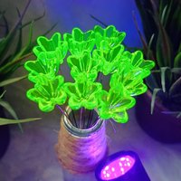 NEW! 16mm Uranium glass Flower, Medium (5/8") starflower on 5in wire. Use in floral bouquet, plant pick, jewelry, gifts; bright glow 395nm