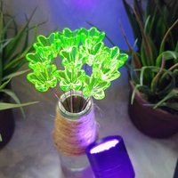NEW! 16mm Uranium glass Flower, Medium (5/8") starflower on 5in wire. Use in floral bouquet, plant pick, jewelry, gifts; bright glow 395nm