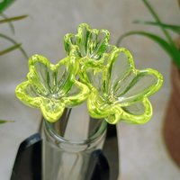 NEW!  Variety Set of 12+16+20mm Uranium Glass Flowers,  on 5in wire. Use in floral bouquet, plant pick, jewelry, gifts; bright glow 395nm