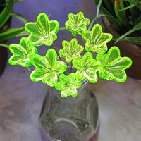 NEW!  Variety Set of 12+16+20mm Uranium Glass Flowers,  on 5in wire. Use in floral bouquet, plant pick, jewelry, gifts; bright glow 395nm