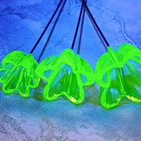 NEW!  Variety Set of 12+16+20mm Uranium Glass Flowers,  on 5in wire. Use in floral bouquet, plant pick, jewelry, gifts; bright glow 395nm