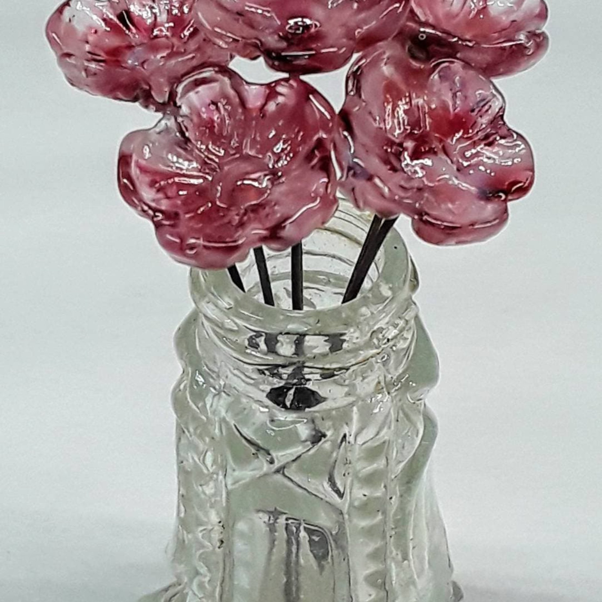 Pink Variegated glass flowers, tiny small mini glass flowers on wire; handcrafted lampwork, jewelry, mixed media, wedding plant gift