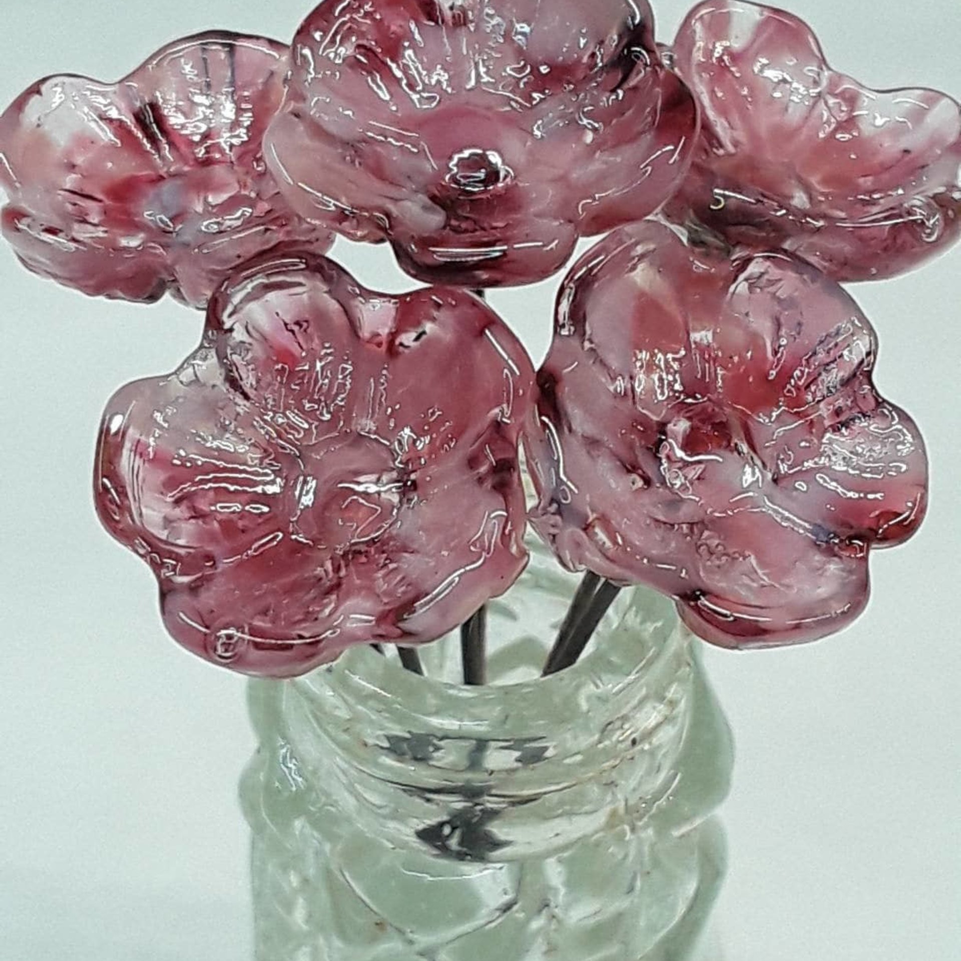 Pink Variegated glass flowers, tiny small mini glass flowers on wire; handcrafted lampwork, jewelry, mixed media, wedding plant gift