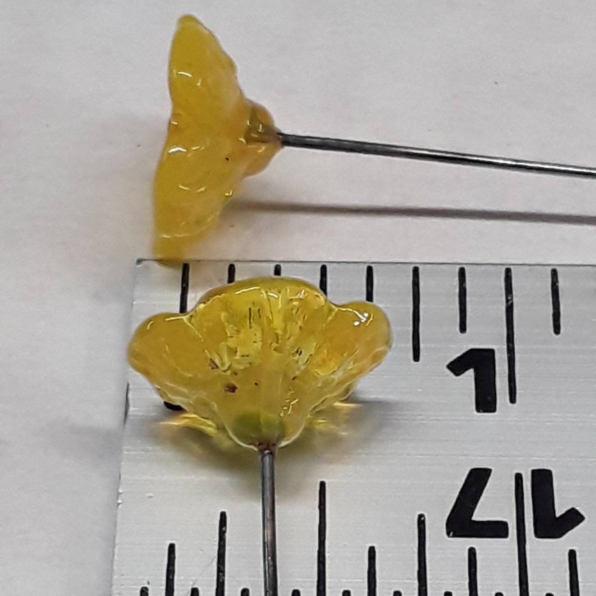 YELLOW TRANSLUCENT glass flower headpins, tiny small miniature glass flowers on wire; jewelry supply, curio, windowsill, small bouquet, gift