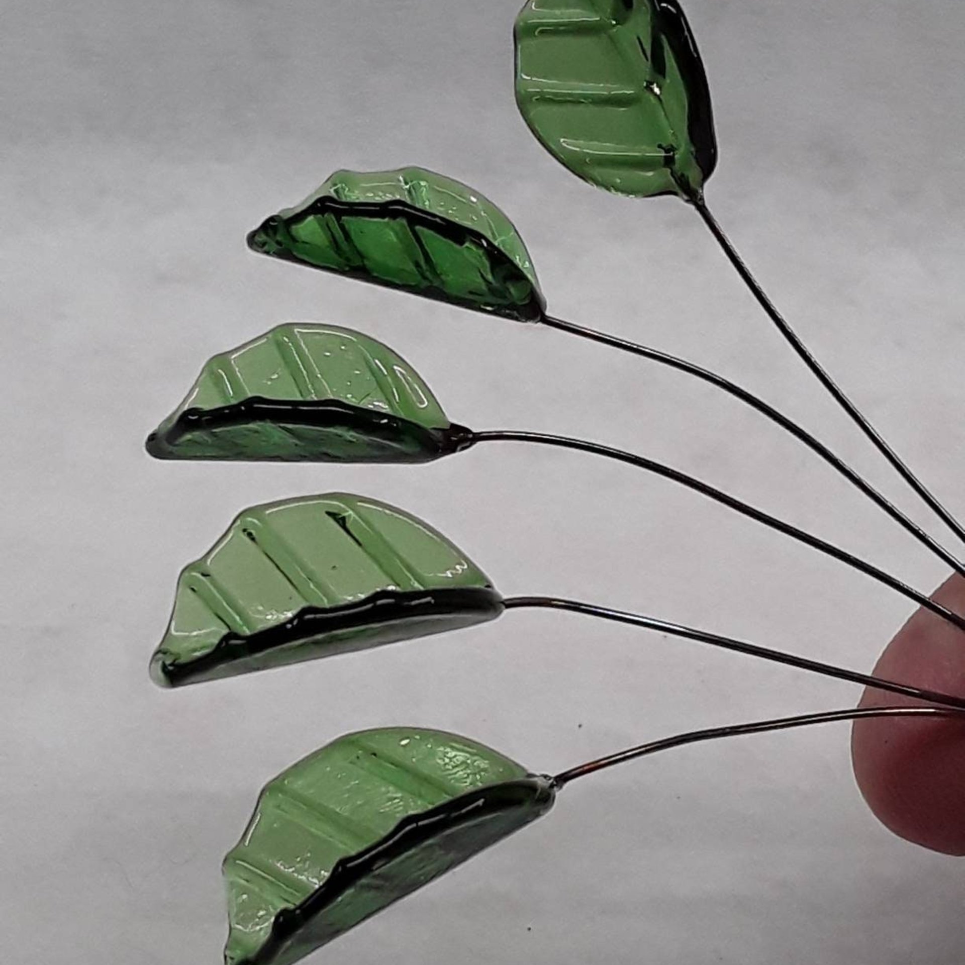 Bent Sage Green Leaf, Glass leaf headpins tiny small glass leaf shape on wire; handcrafted lampwork, mixed media, jewelry, wedding host gift